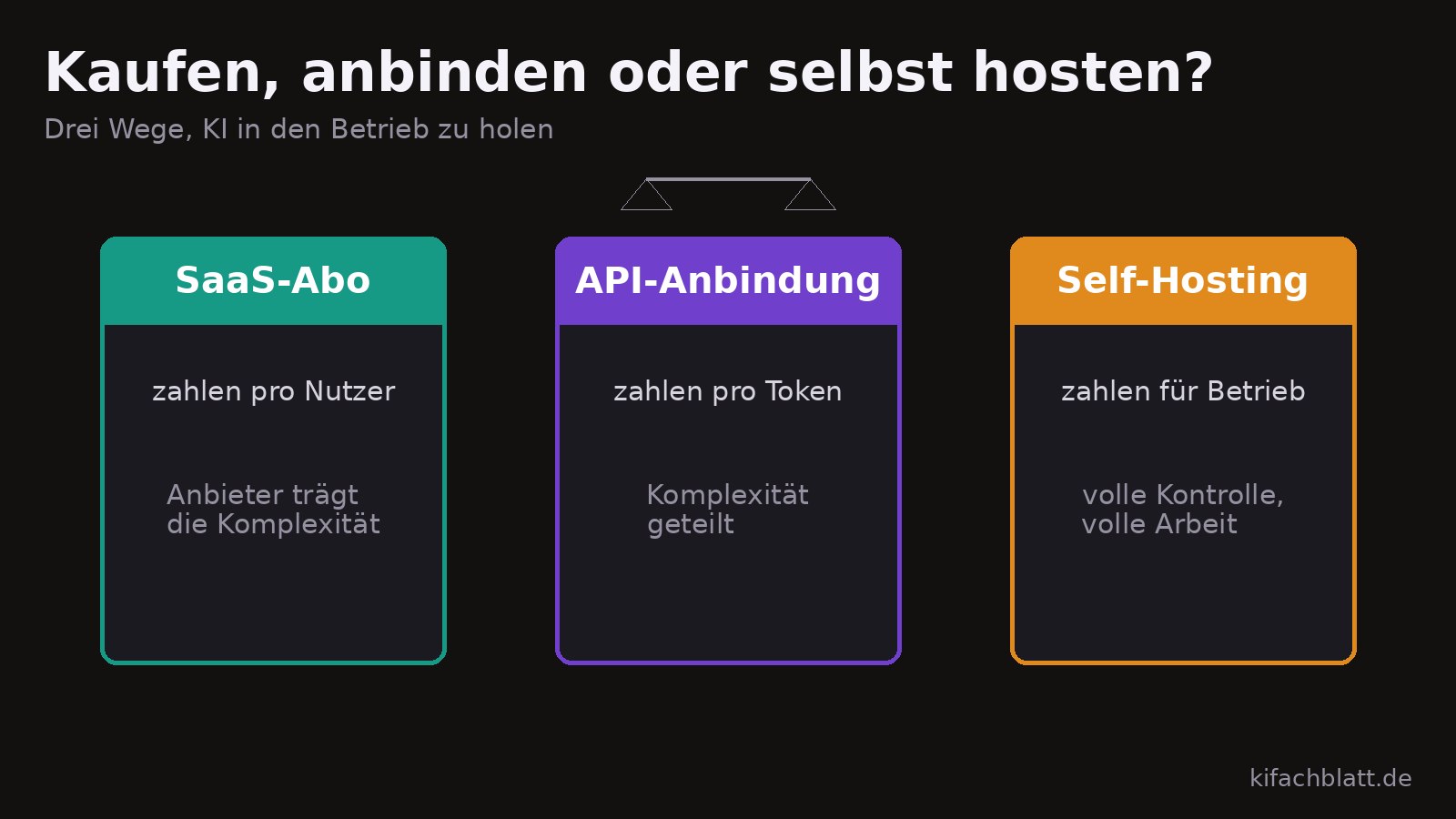 Drei nebeneinander stehende Säulen mit den Beschriftungen SaaS-Abo, API-Anbindung und Self-Hosting. Darüber eine Waage, die Kaufen und Bauen gegeneinander abwägt.