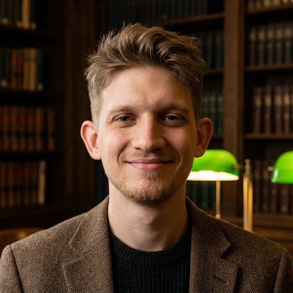 Philipp Paulik, Porträt: lächelnder Mann mit kurzem braunem Haar, Bart und Tweed-Sakko über schwarzem Pullover vor Bücherregalen mit grünen Leselampen